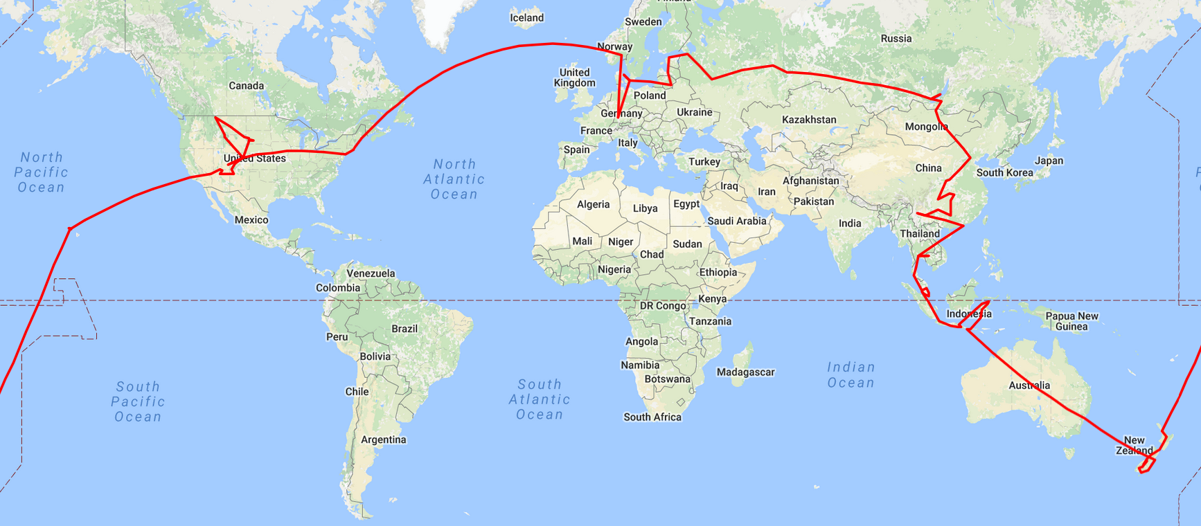 <p>Here I mapped my traveling route around the world. You can simply follow the read line and discover travelling stories along the way…</p>
